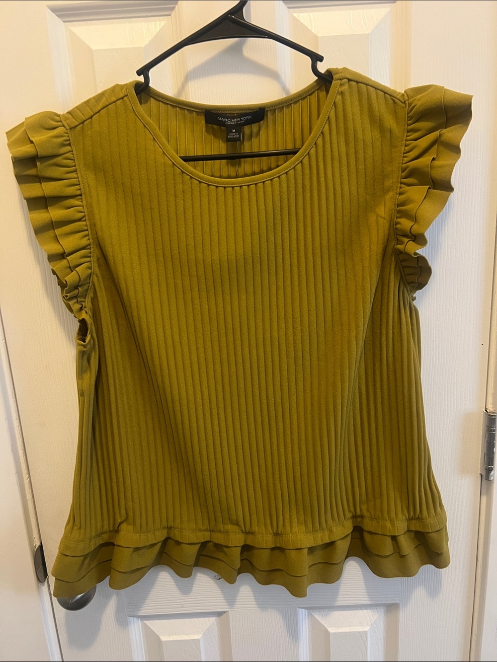 Marc New York Olive Green Ruffle Sleeve Pleated Blouse
